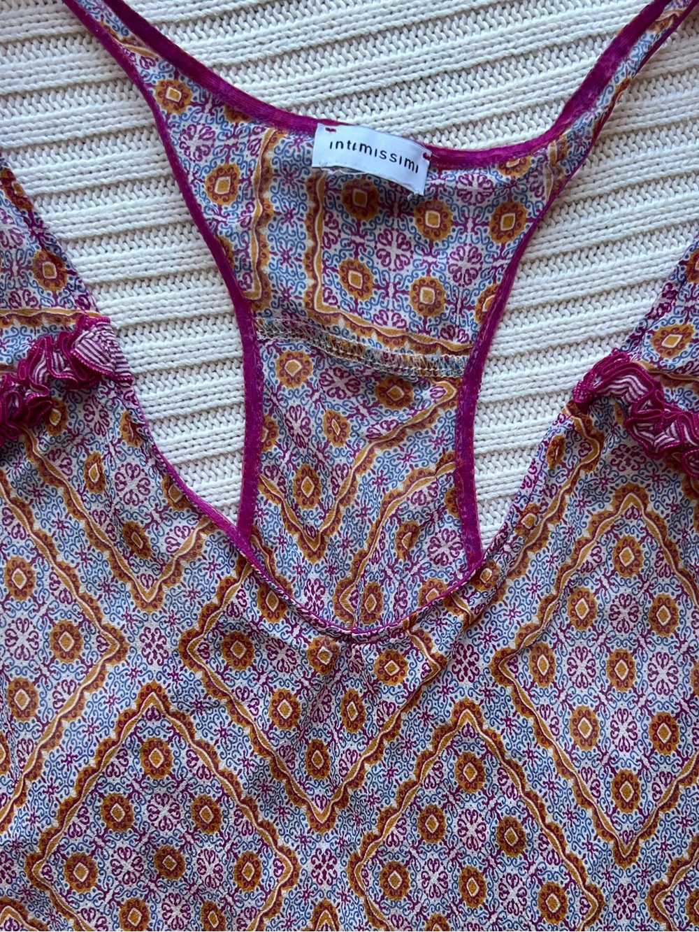 Intimissimi Y2K Boho Tile Print Sheer Racerback Slip Dress Ruffle Hem Cami - Picture 2 of 6